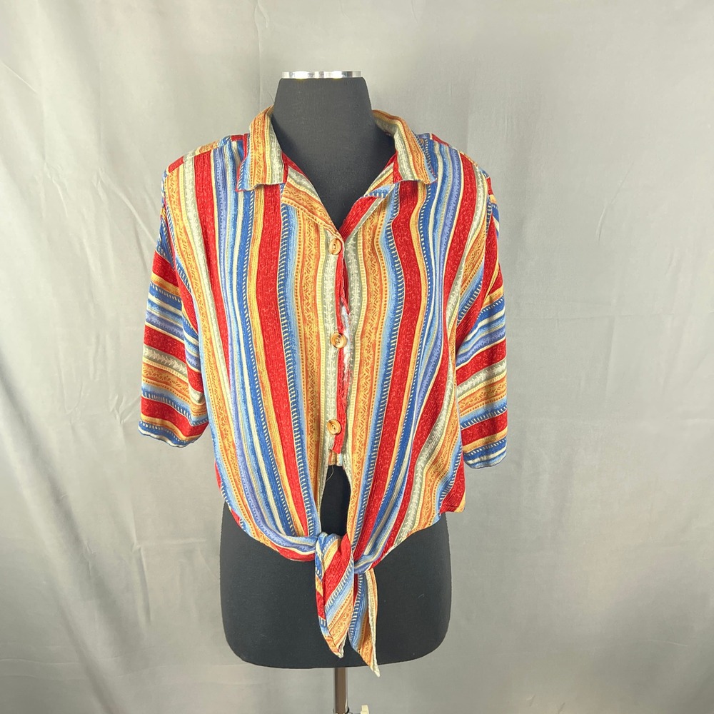 VTG Brownstone New York Blouse Top Women 1X Multi Striped Knot Hem Button Front